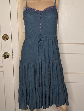 Free People Vintage Y2K Blue  Green Boucle Texture Tiered Dress Lace Trim Size L